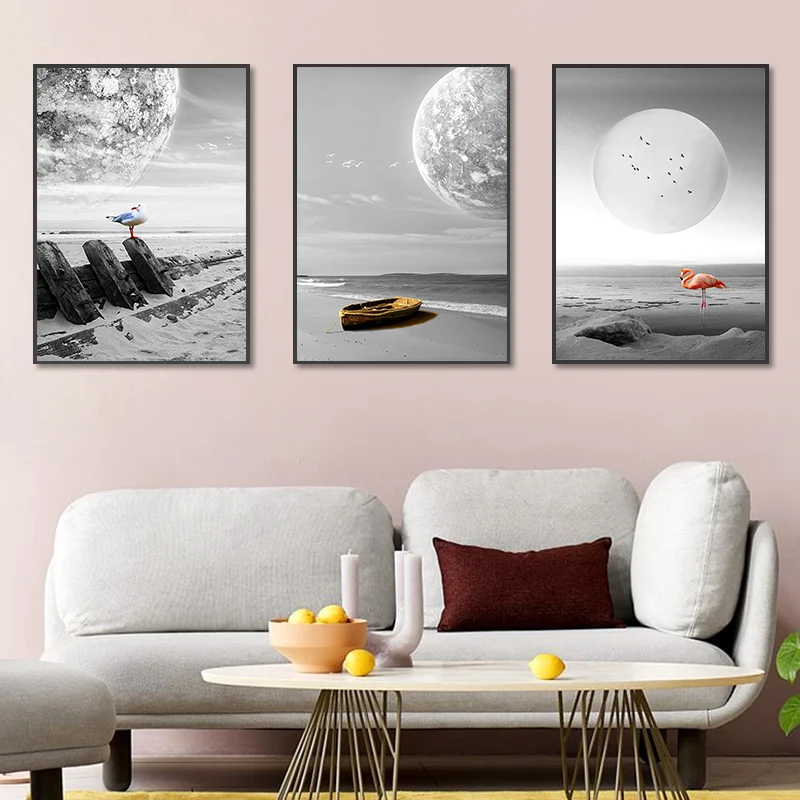 Set di decorazioni da parete con vista sul mare, moderna spiaggia fantascientifica e pianeta galleggiante, tela avvolta gr...