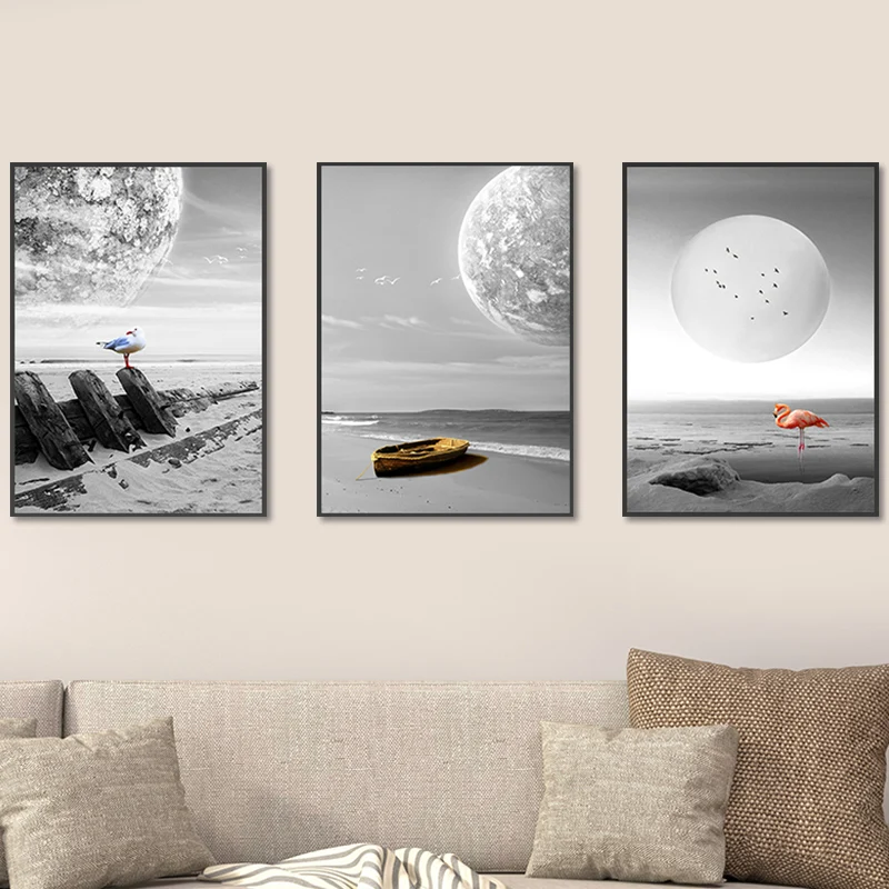 Set di decorazioni da parete con vista sul mare, moderna spiaggia fantascientifica e pianeta galleggiante, tela avvolta gr...