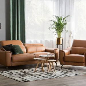 Set divano e poltrona pelle marrone dorato NARWIK