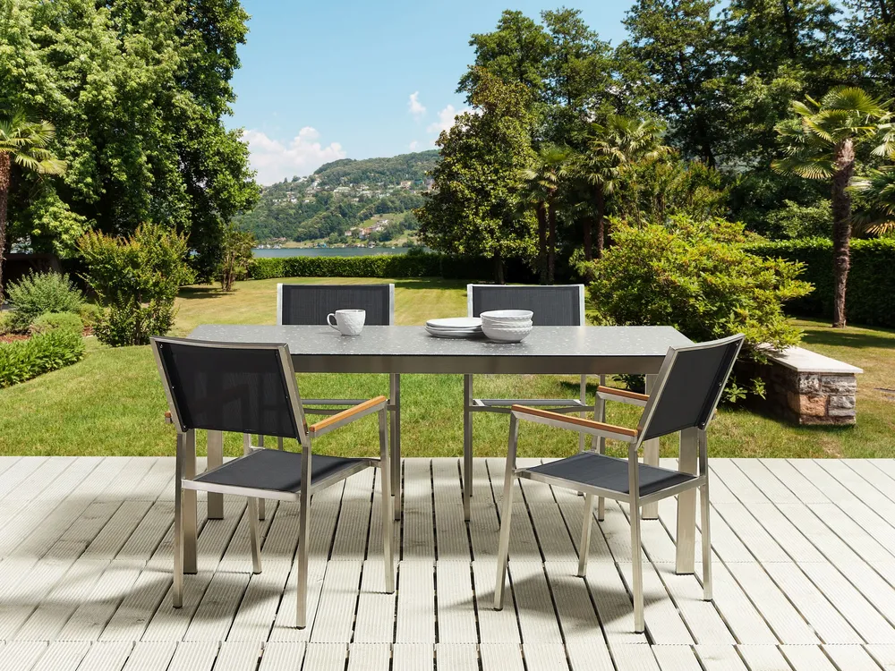 Set da giardino 4 posti tavolo vetro e sedie nere 180 cm COSOLETO/GROSSETO