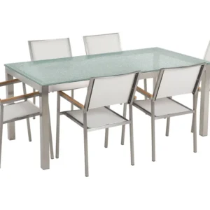 Set da giardino 6 posti vetro 180 cm con sedie rattan bianco GROSSETO