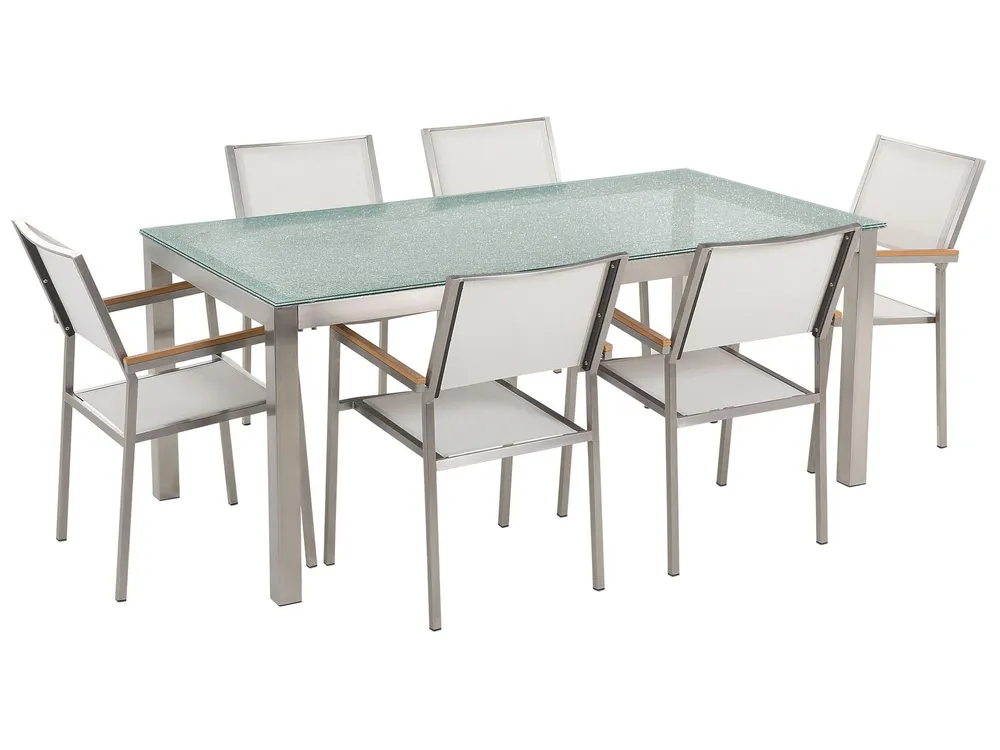 Set da giardino 6 posti vetro 180 cm con sedie rattan bianco GROSSETO