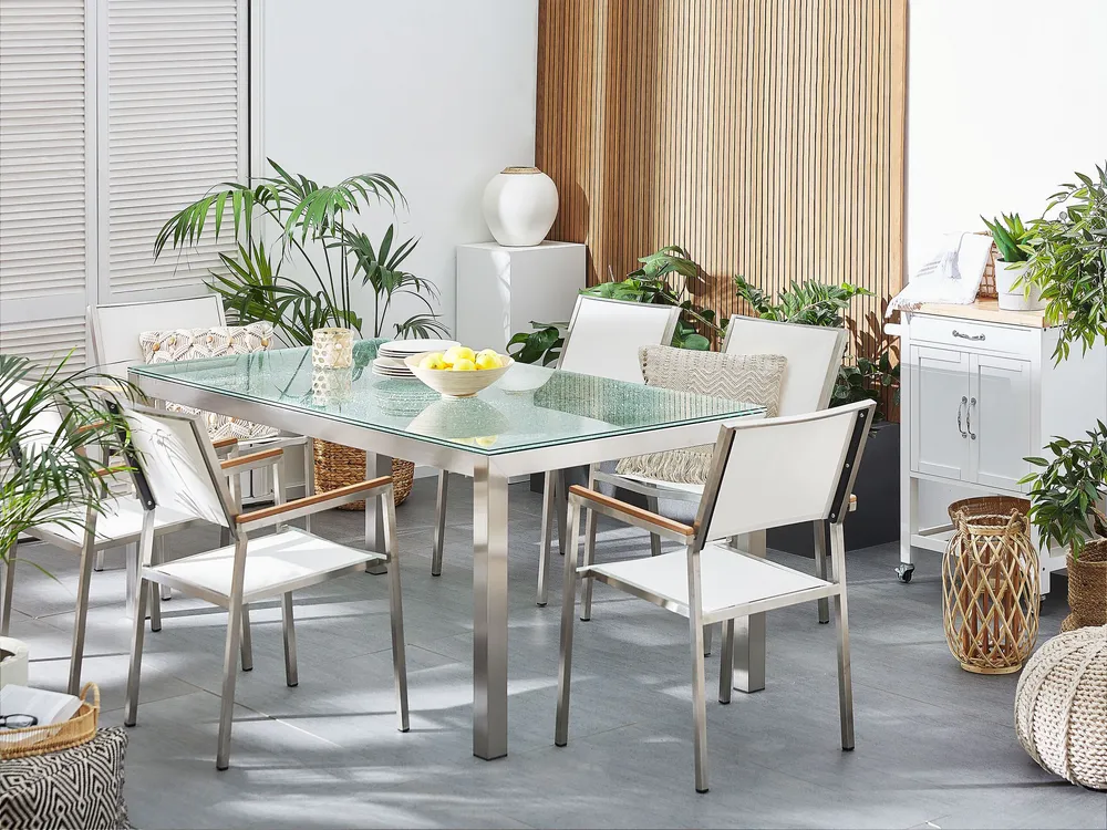 Set da giardino 6 posti vetro 180 cm con sedie rattan bianco GROSSETO
