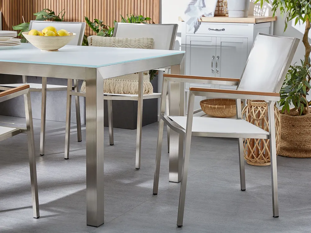 Set da giardino 6 posti vetro 180 cm con sedie rattan bianco GROSSETO