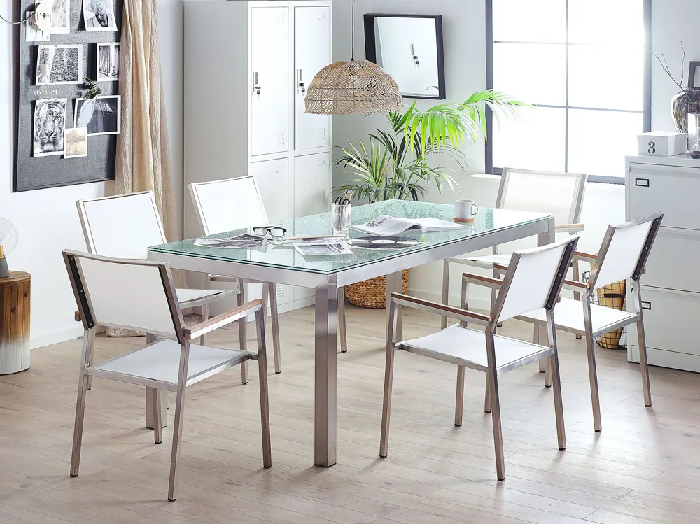 Set da giardino 6 posti vetro 180 cm con sedie rattan bianco GROSSETO