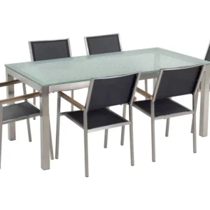 Set da giardino 6 posti vetro 180 cm con sedie fibra tessile nera GROSSETO
