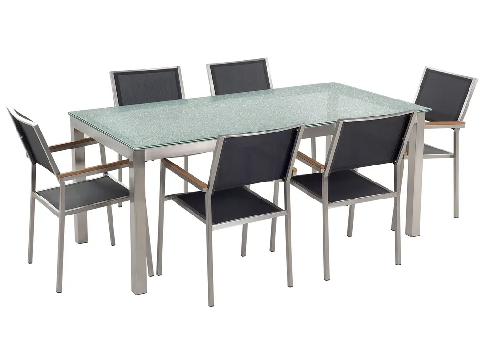 Set da giardino 6 posti vetro 180 cm con sedie fibra tessile nera GROSSETO
