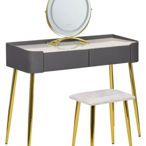2 Drawers Dressing Table LED Mirror and Stool Grey and Gold SURIN