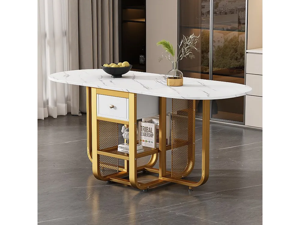 Sottopentola Tavolo da pranzo ovale allungabile per 4-6 coperti con 2 cassetti - L160xP70xH75 cm - Truciolare - Motivo mar...