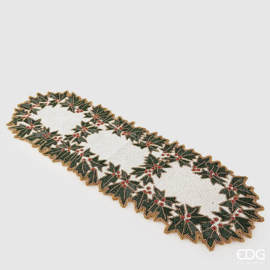 Tovaglia Rotonda Runner Agrifoglio con perle Bianco e Rosso