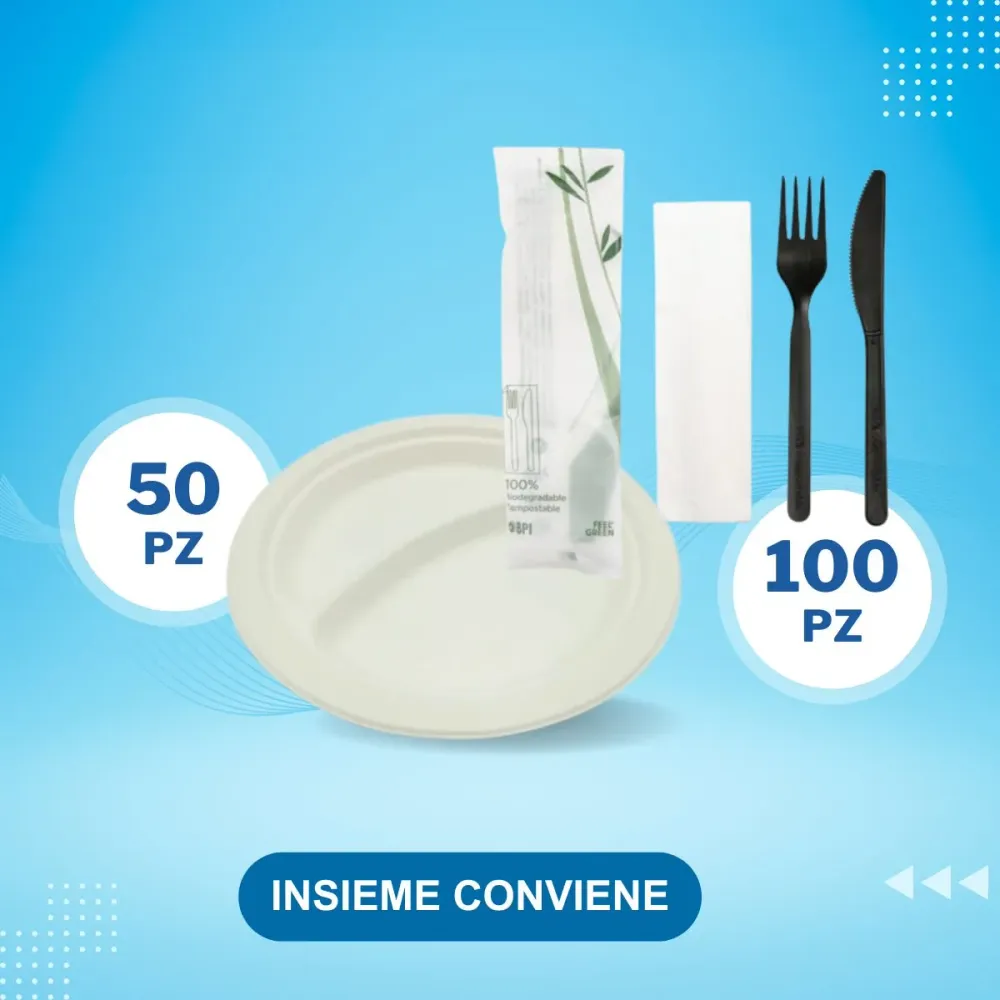 50pz Piatto monouso con scomparti + 100pz bis posate monouso (Promokit)