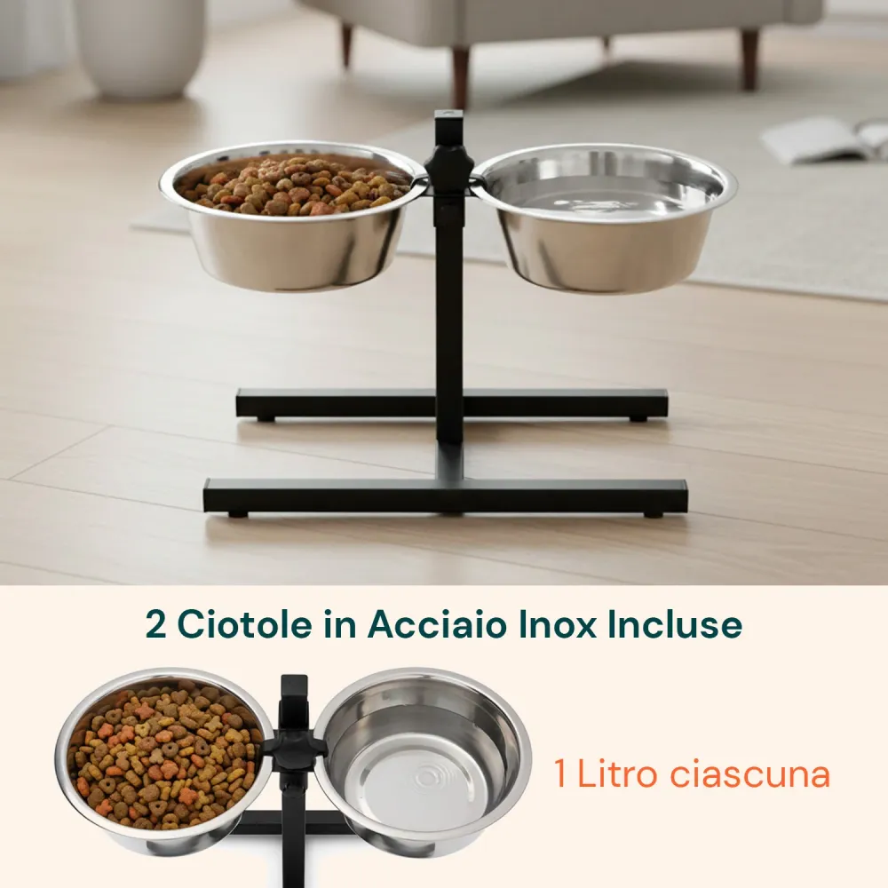 Alzaciotole per Cani e Gatti – Altezza Regolabile e 2 Ciotole Acciaio da 1L