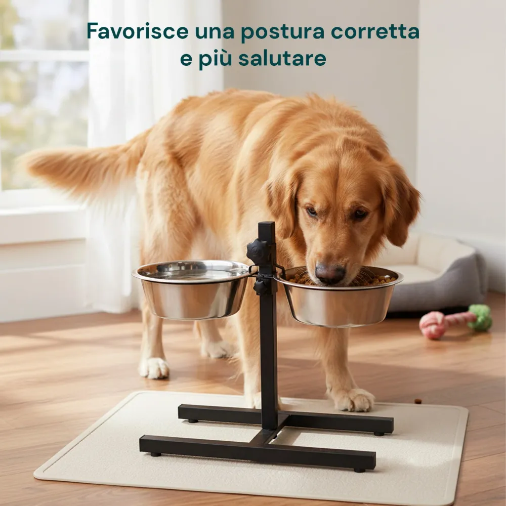 Alzaciotole per Cani e Gatti – Altezza Regolabile e 2 Ciotole Acciaio da 1L