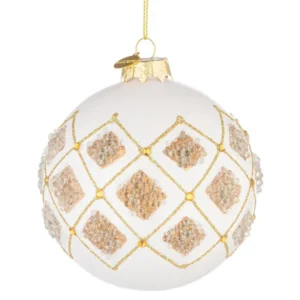 Palla vetro 10cm bianco con rombi champagne