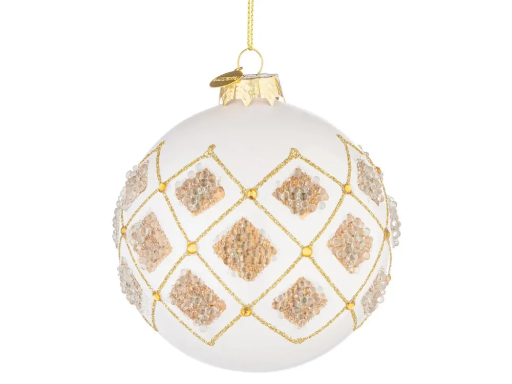 Palla vetro 10cm bianco con rombi champagne