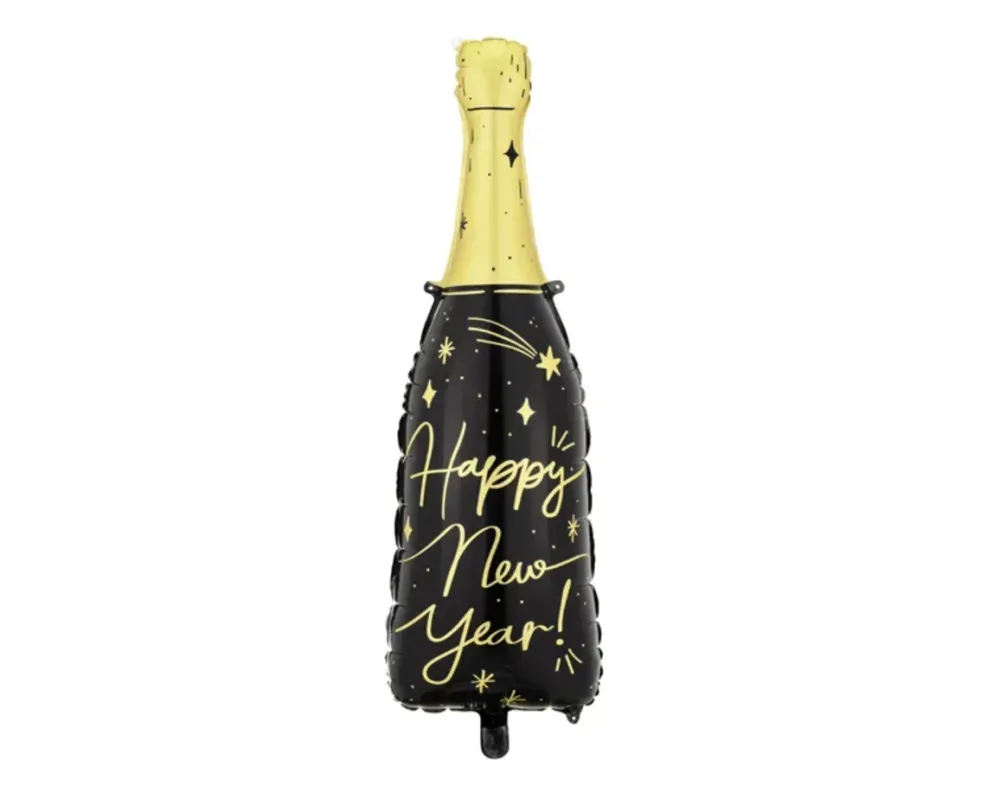 Pallone foil con bottiglia di champagne, Buon Anno, Festa di Capodanno, 39,5 x 98 cm