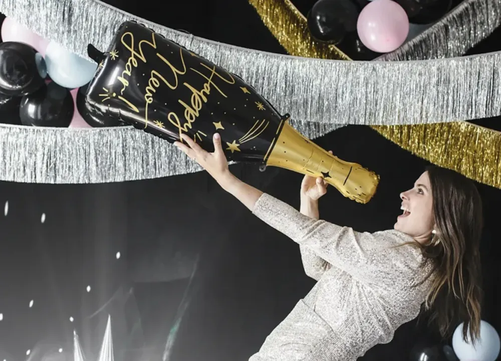 Pallone foil con bottiglia di champagne, Buon Anno, Festa di Capodanno, 39,5 x 98 cm