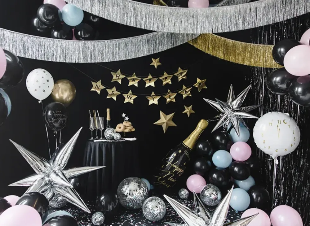Pallone foil con bottiglia di champagne, Buon Anno, Festa di Capodanno, 39,5 x 98 cm