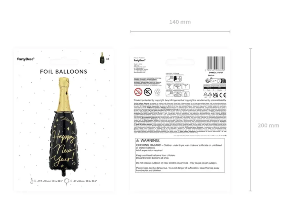 Pallone foil con bottiglia di champagne, Buon Anno, Festa di Capodanno, 39,5 x 98 cm