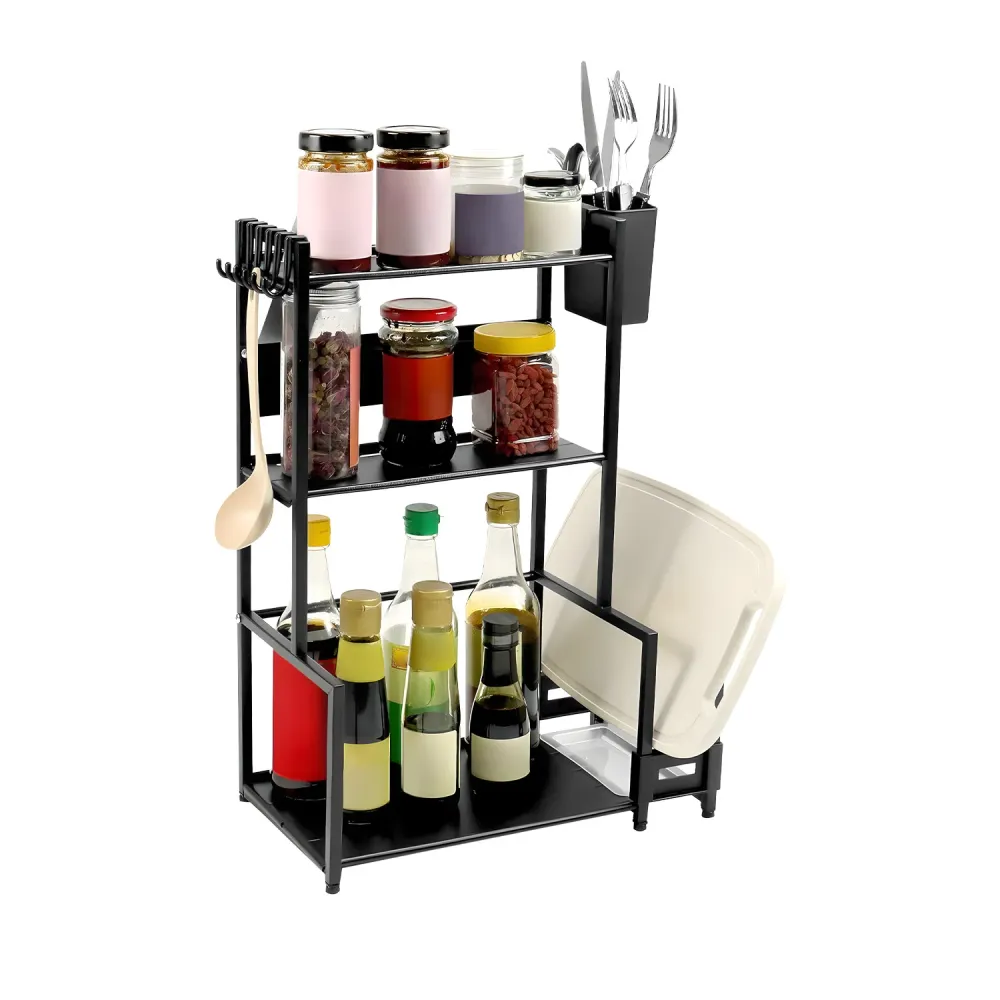 Scaffale da Cucina 3 Livelli Ferro con Porta Utensili e Supporto Tagliere