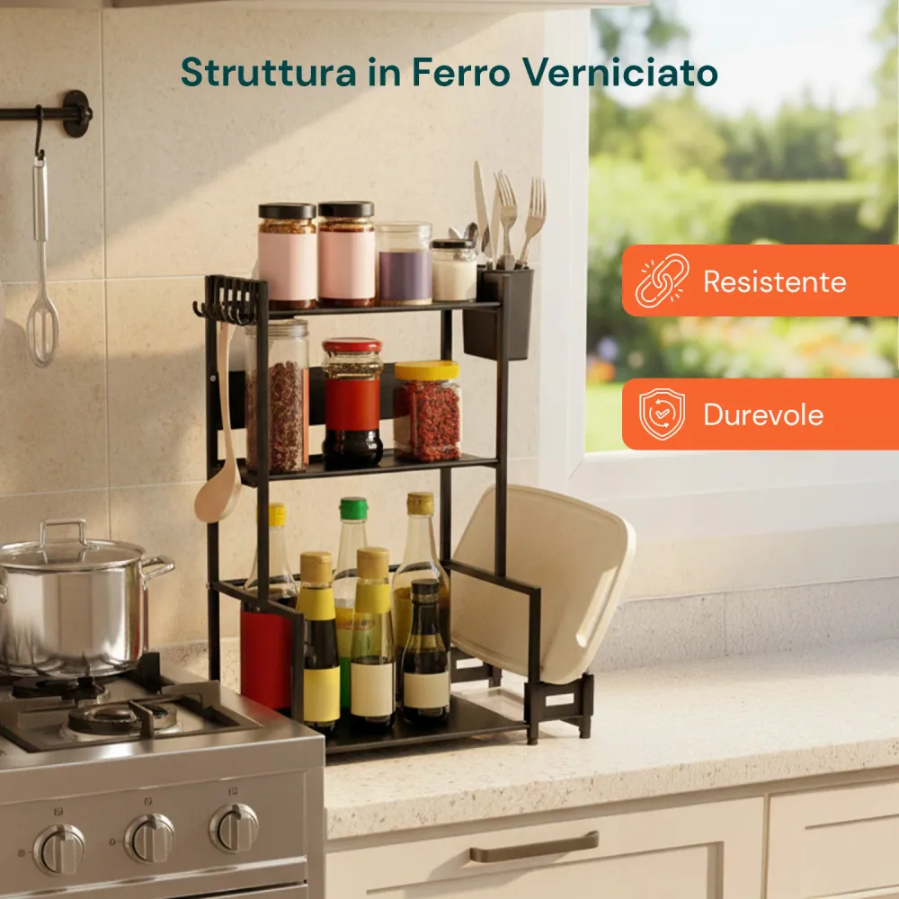Scaffale da Cucina 3 Livelli Ferro con Porta Utensili e Supporto Tagliere