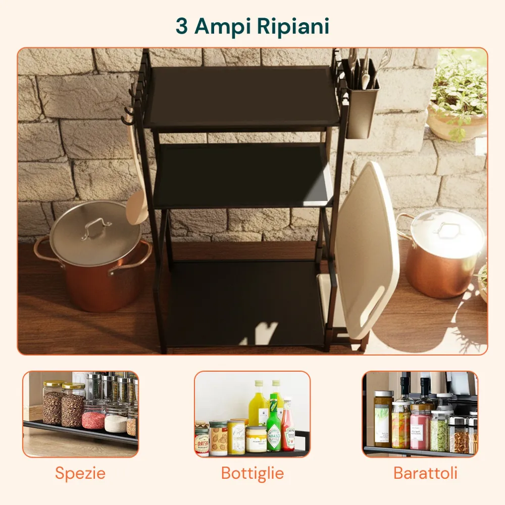 Scaffale da Cucina 3 Livelli Ferro con Porta Utensili e Supporto Tagliere