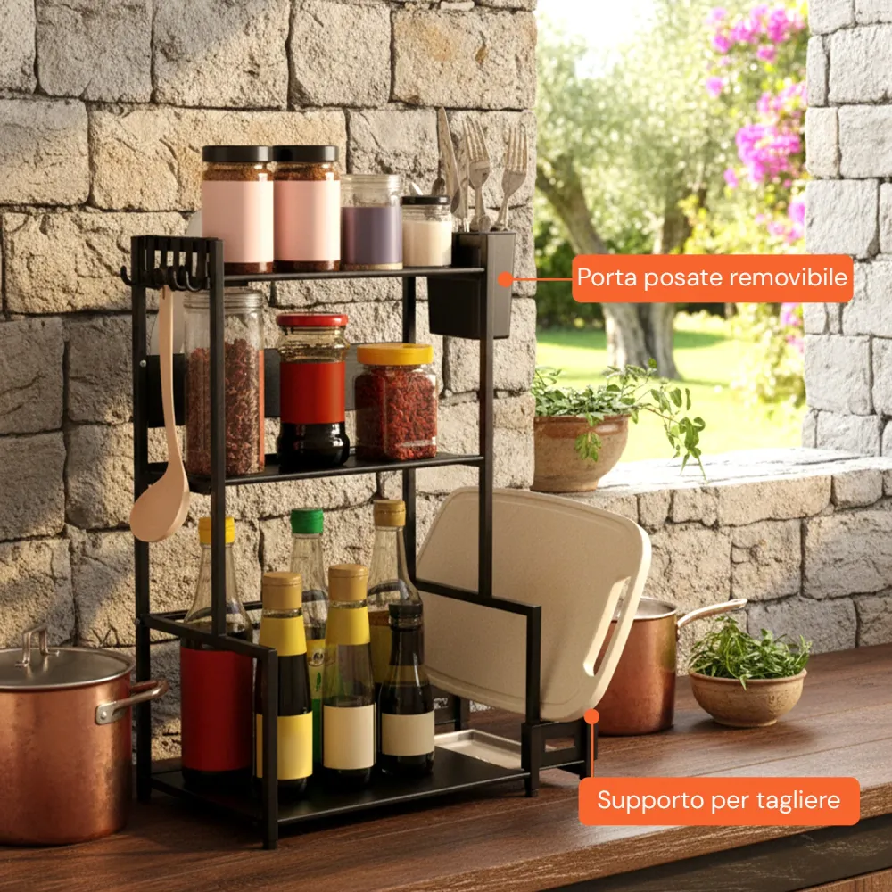 Scaffale da Cucina 3 Livelli Ferro con Porta Utensili e Supporto Tagliere