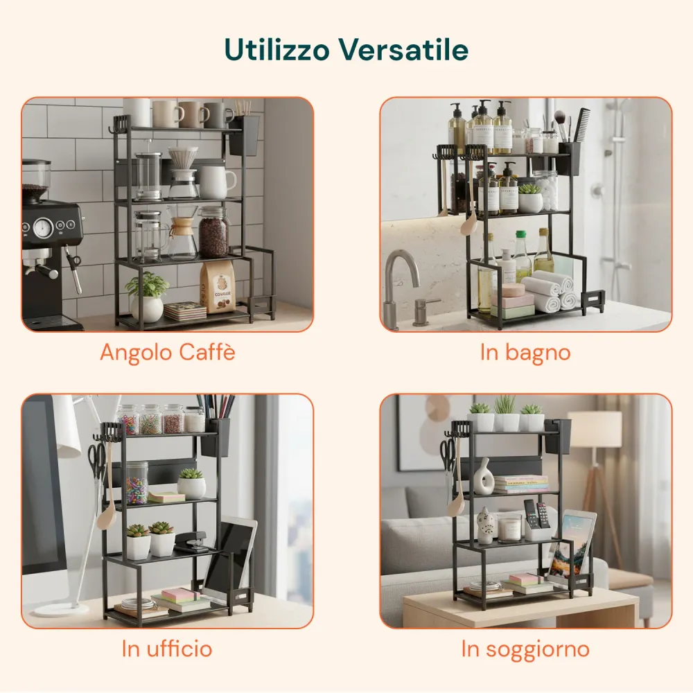 Scaffale da Cucina 3 Livelli Ferro con Porta Utensili e Supporto Tagliere