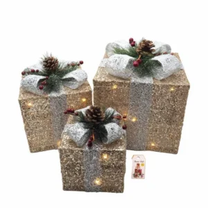 Set 3 pacco regalo tinsel champagne 15x15/20x20/25x25cm c/45led