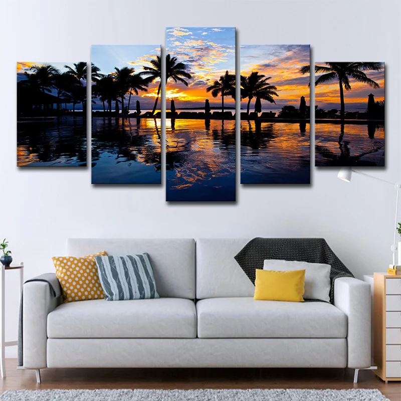 Stampa artistica da parete Tropix Sunset Glow tela con palme arancioni e piscina per camera