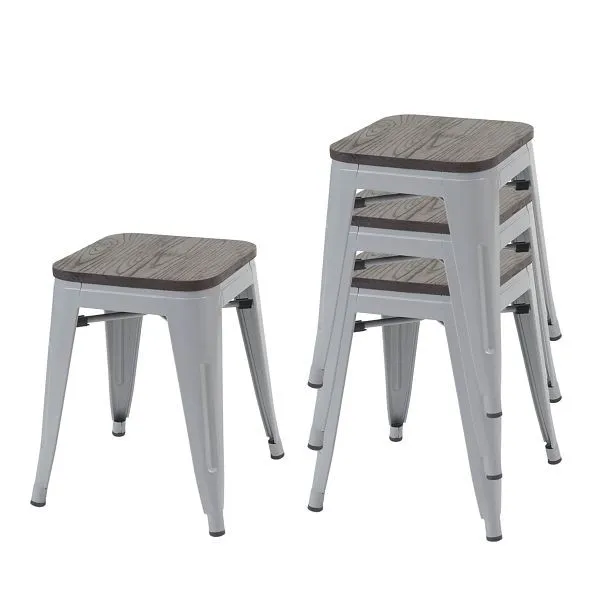 Mendler set di 4 sgabelli HWC-A73 con sedile legno sgabello metallo sgabello design industriale metallo impilabile grigio...