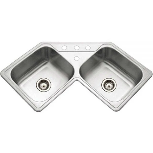 Houzer Legend Series 32" Acciaio inox Steel Drop- Topmount 4-hole 50/50 Double Bowl Corner Kitchen Strainer