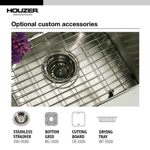Houzer Legend Series 32" Acciaio inox Steel Drop- Topmount 4-hole 50/50 Double Bowl Corner Kitchen Strainer