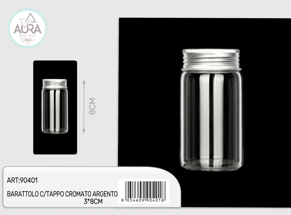 barattolo vetro con tappo cromato argento 3x8cm