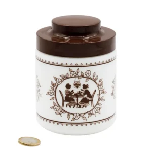 Barattolo vintage per tè. Vetro bianco e coperchio plastica # 93805