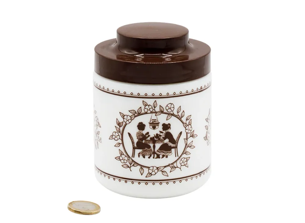 Barattolo vintage per tè. Vetro bianco e coperchio plastica # 93805