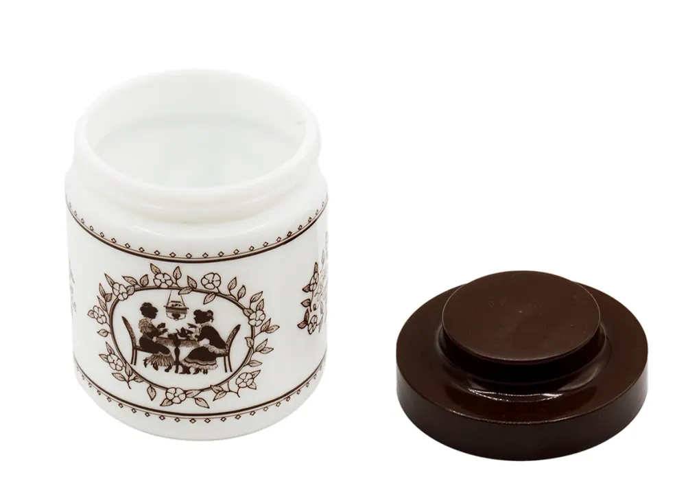 Barattolo vintage per tè. Vetro bianco e coperchio plastica # 93805