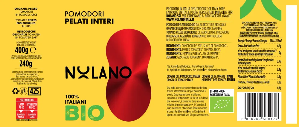 Pomodori Pelati interi BIO Vetro 540g Nolano (Confezione da 12)