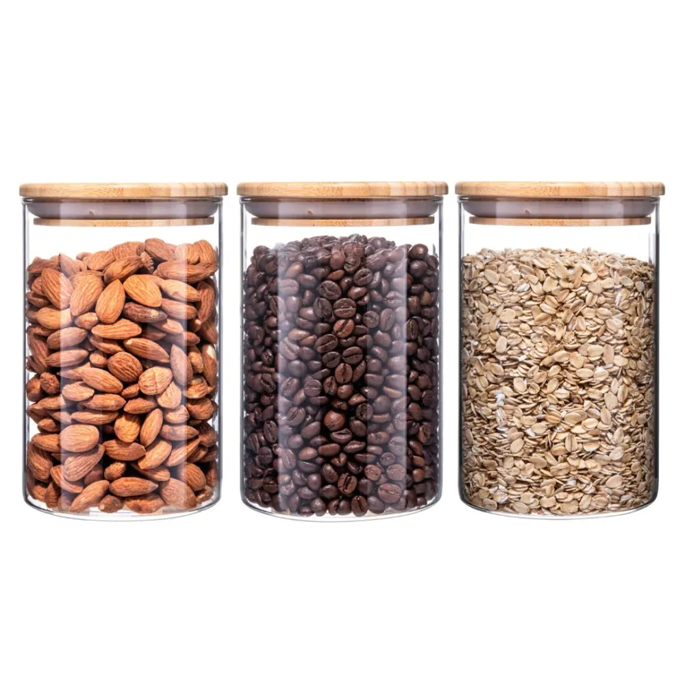 Barattoli vetro con coperchi bambù da 900 ml - Set di 3