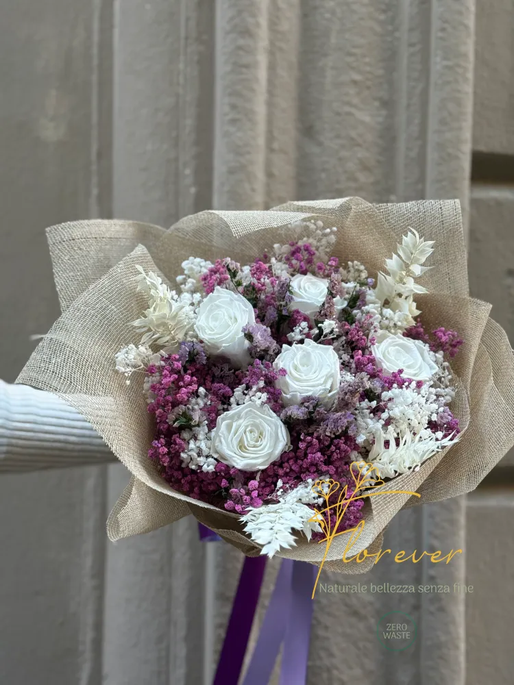 Bouquet di Fiori Stabilizzati Bianchi e Lilla
