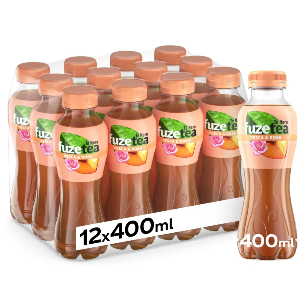Fuze Tea, Bevanda Rinfrescante Analcolica di Té al Gusto Pesca e Rosa, con Zuccheri ed Edulcorante - 12 Bottiglie da 400 ml