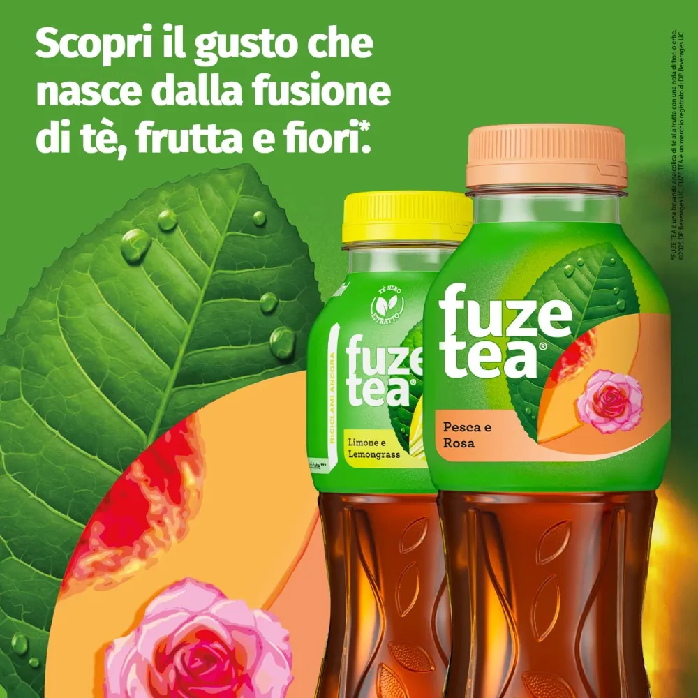 Fuze Tea, Bevanda Rinfrescante Analcolica di Té al Gusto Pesca e Rosa, con Zuccheri ed Edulcorante - 12 Bottiglie da 400 ml