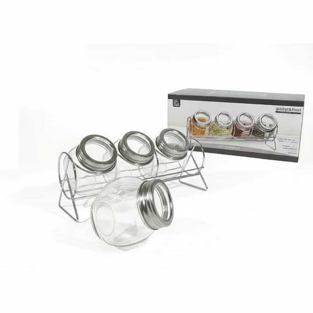 Gusto Casa Set 4 Barattoli Portaspezie Vetro e Metallo - con Stand Cromato