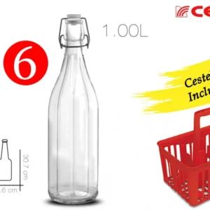 SET 6 BOTTIGLIE VETRO DA 1 LT COSTOLATE + CESTELLO PORTABOTTIGLIE COL.MISTI