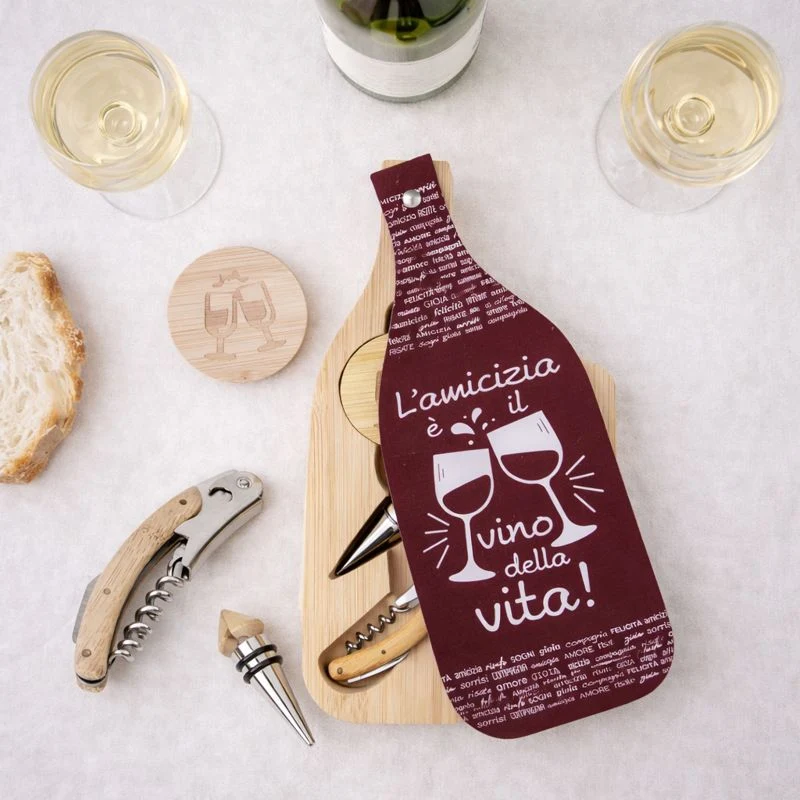 Set Vino con Cavatappi e Tappo Bamboo – Bomboniera Utile e Originale per Matrimonio