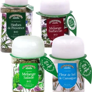 4 Vasetti Di Spezie Biologiche : Fior Di Sale Di Camargues / Erbe Di Provence / Misto Barbecue / Misto Per Insalata