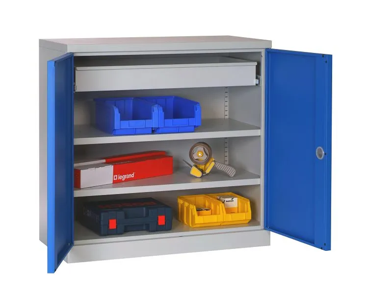 Armadio attrezzato da officina SOFAME L 1000 x P 500 x H 1000 mm con 1 cassetto (L890XH100) + 2 ripiani blu cielo RAL 5015...