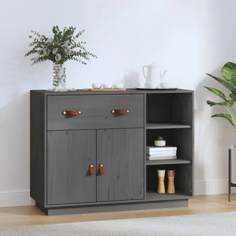 Credenza Grigia 98,5x40x75 cm Legno Massello di Pino