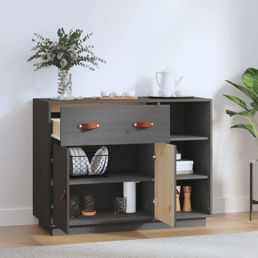 Credenza Grigia 98,5x40x75 cm Legno Massello di Pino