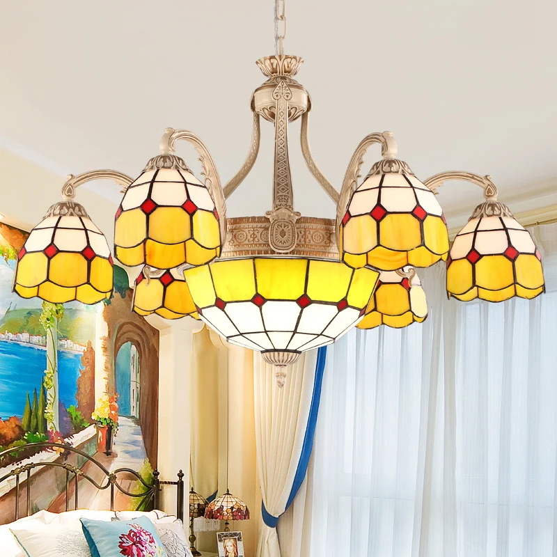 Lampadario con motivo griglia giallo/blu, illuminazione barocca, luci 9/11, lampada sospensione vetro tagliato mano per ca...